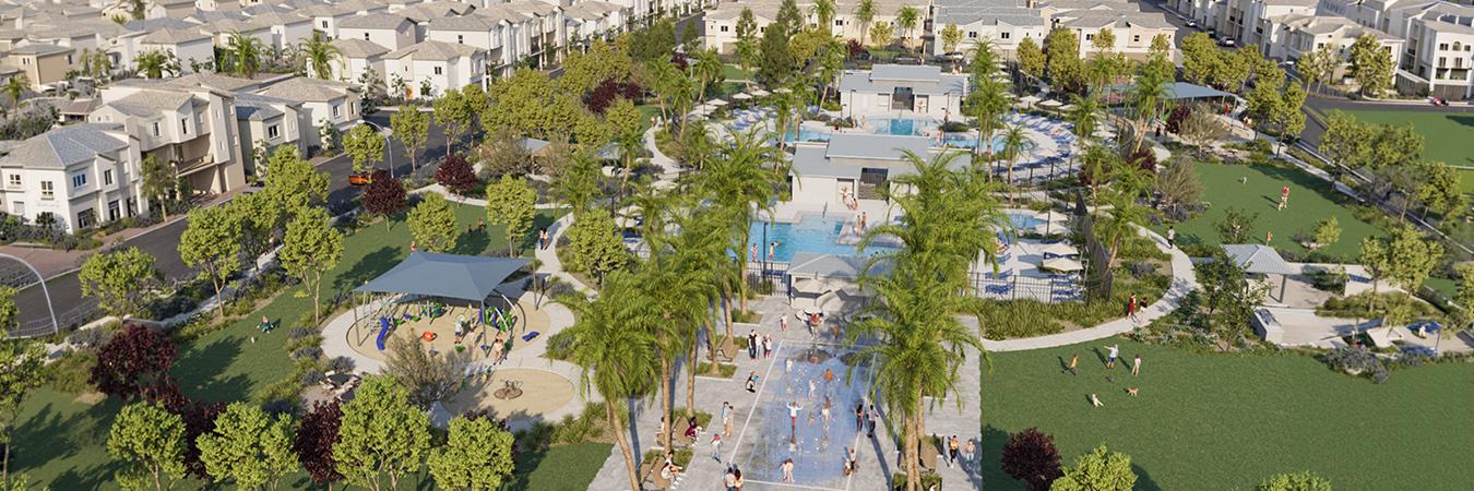 Aerial view of pools and outdoor community areas at a Touchstone Living community