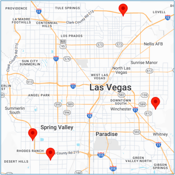 Map of where all four Touchstone Living communities are located in Las Vegas